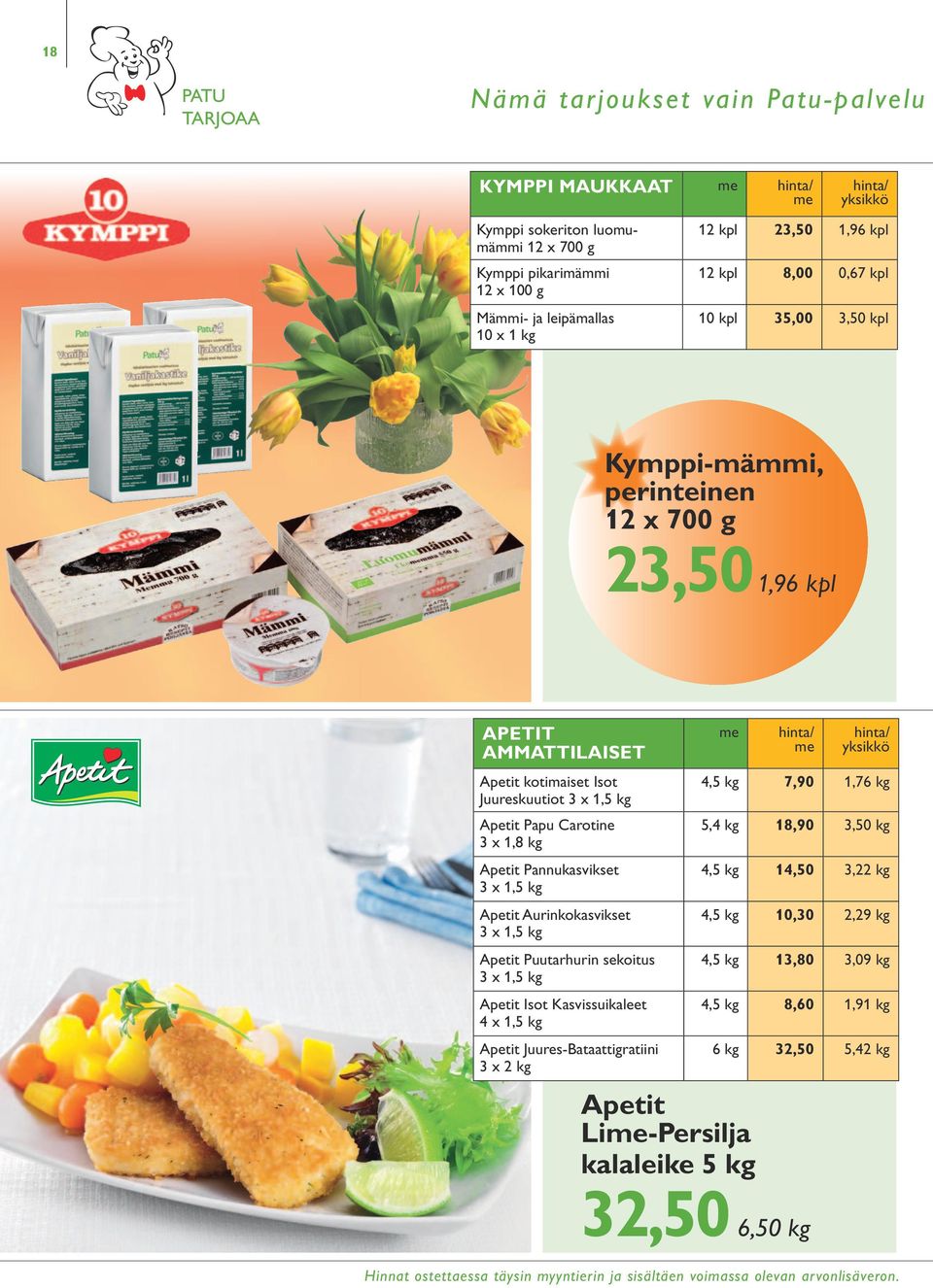 Pannukasvikset 3 x 1,5 kg Apetit Aurinkokasvikset 3 x 1,5 kg Apetit Puutarhurin sekoitus 3 x 1,5 kg Apetit Isot Kasvissuikaleet 4 x 1,5 kg Apetit Juures-Bataattigratiini 3 x 2 kg 4,5 kg 7,90 1,76 kg