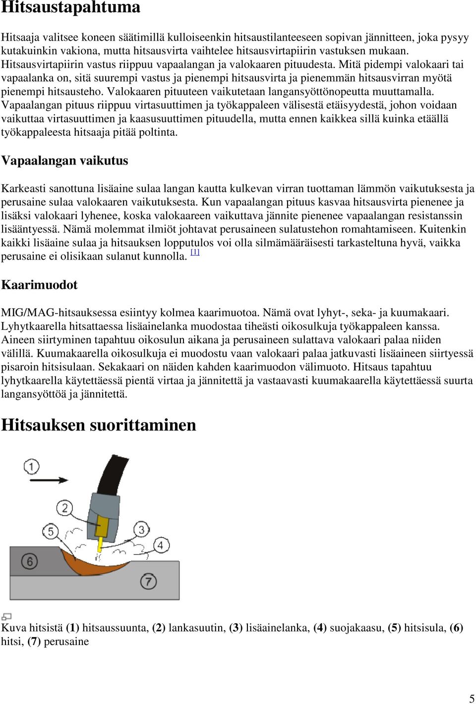 Mitä pidempi valokaari tai vapaalanka on, sitä suurempi vastus ja pienempi hitsausvirta ja pienemmän hitsausvirran myötä pienempi hitsausteho.