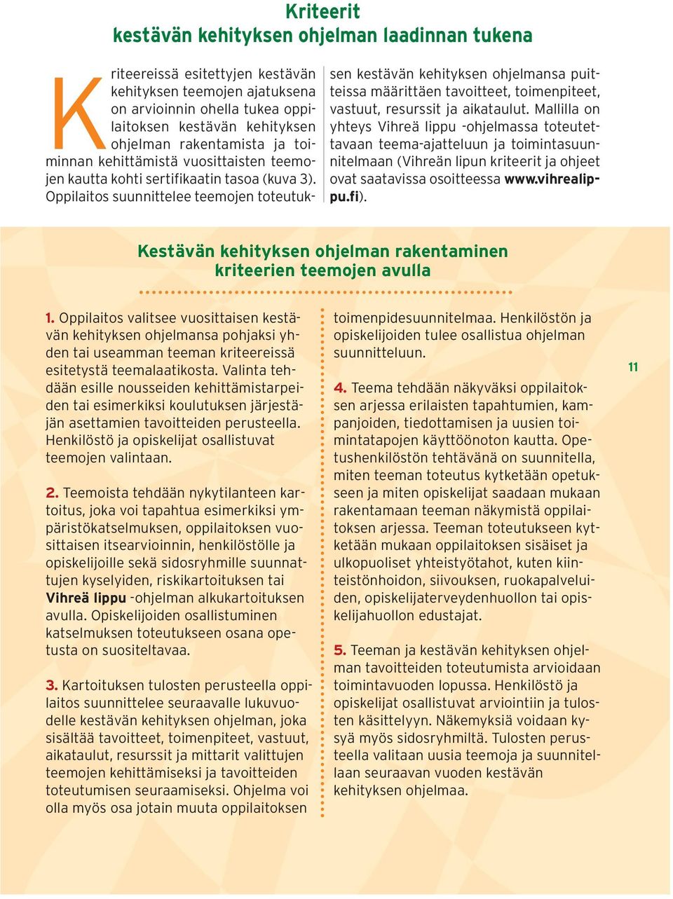 Oppilaitos suunnittelee teemojen toteutuksen kestävän kehityksen ohjelmansa puitteissa määrittäen tavoitteet, toimenpiteet, vastuut, resurssit ja aikataulut.