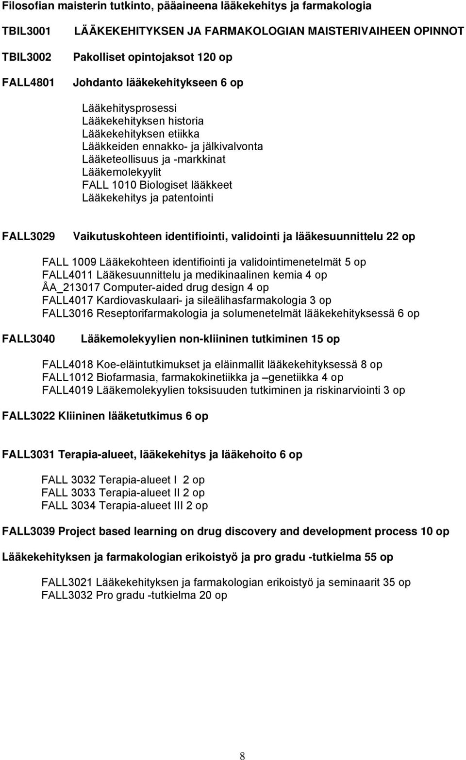 lääkkeet Lääkekehitys ja patentointi FALL3029 Vaikutuskohteen identifiointi, validointi ja lääkesuunnittelu 22 op FALL 1009 Lääkekohteen identifiointi ja validointimenetelmät 5 op FALL4011