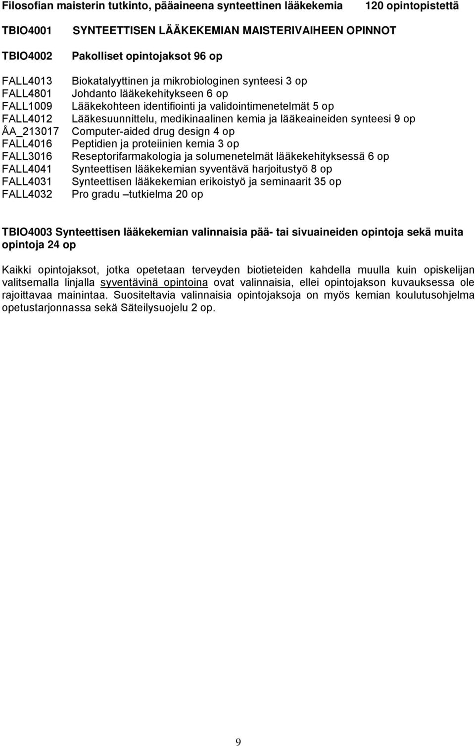 validointimenetelmät 5 op Lääkesuunnittelu, medikinaalinen kemia ja lääkeaineiden synteesi 9 op Computer-aided drug design 4 op Peptidien ja proteiinien kemia 3 op Reseptorifarmakologia ja