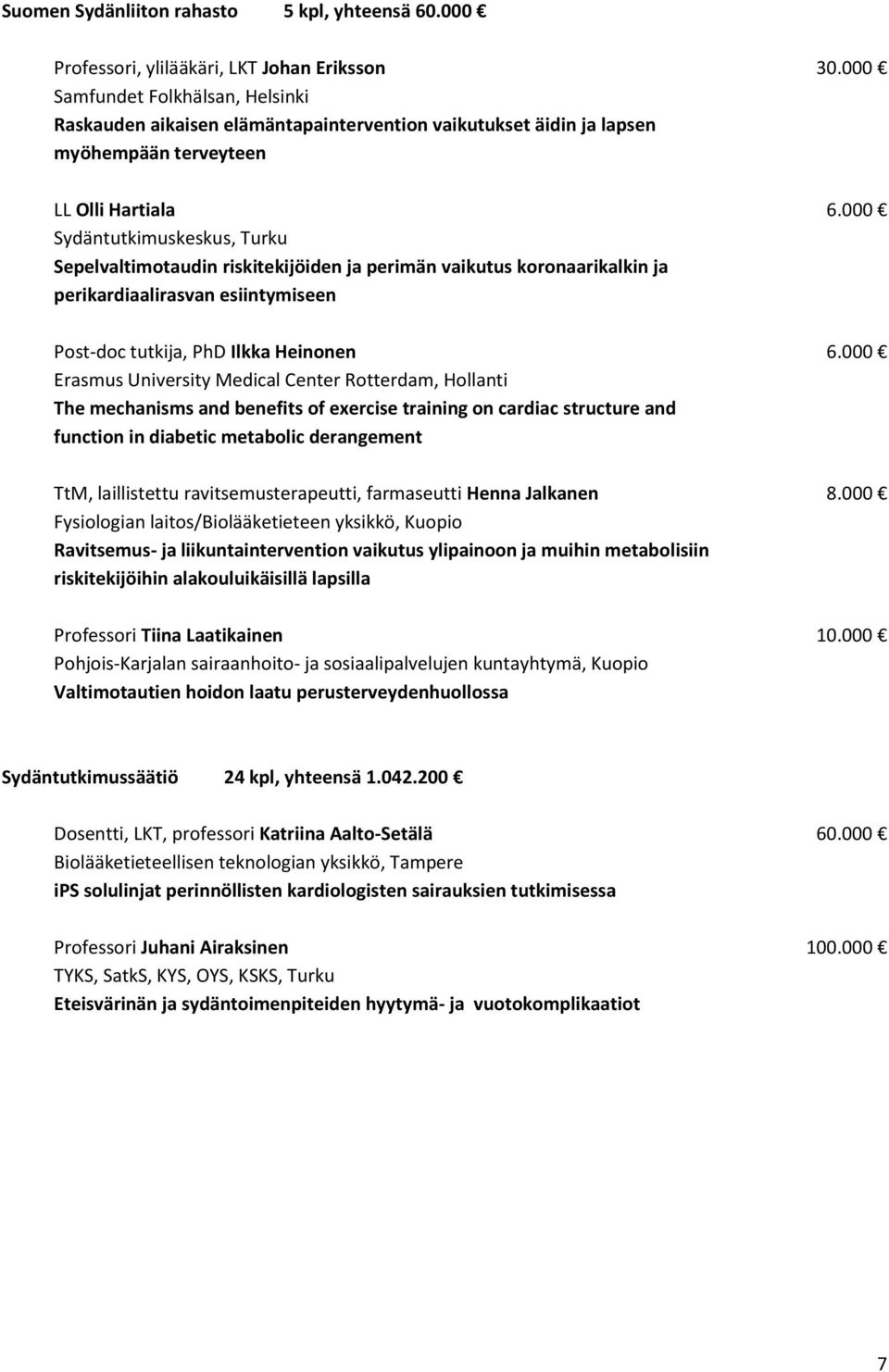 000 Sydäntutkimuskeskus, Turku Sepelvaltimotaudin riskitekijöiden ja perimän vaikutus koronaarikalkin ja perikardiaalirasvan esiintymiseen Post-doc tutkija, PhD Ilkka Heinonen 6.