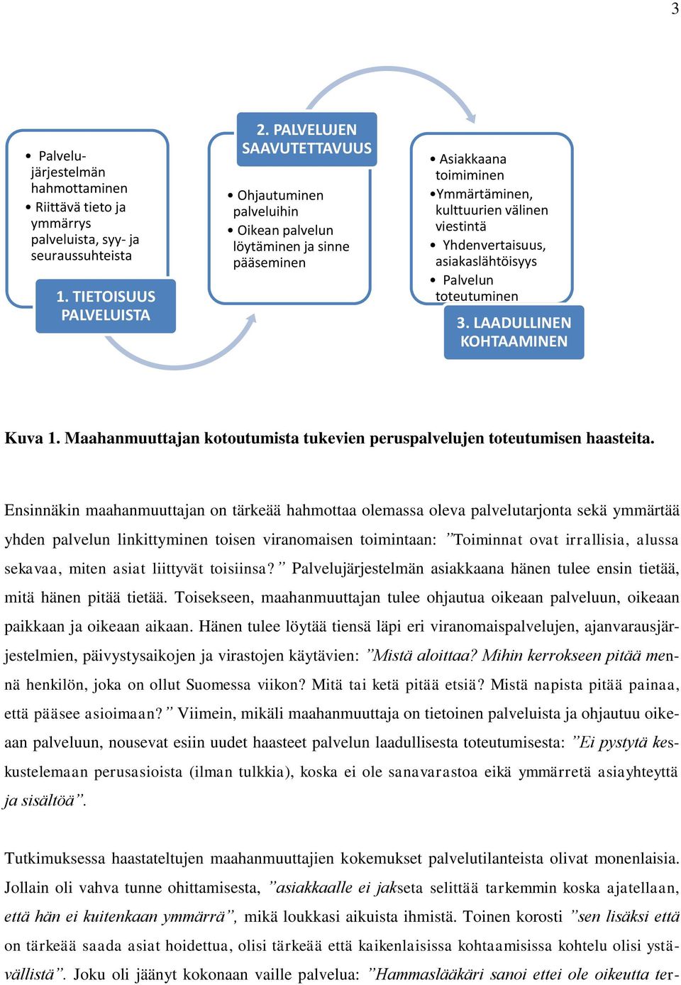 Palvelun toteutuminen 3. LAADULLINEN KOHTAAMINEN Kuva 1. Maahanmuuttajan kotoutumista tukevien peruspalvelujen toteutumisen haasteita.