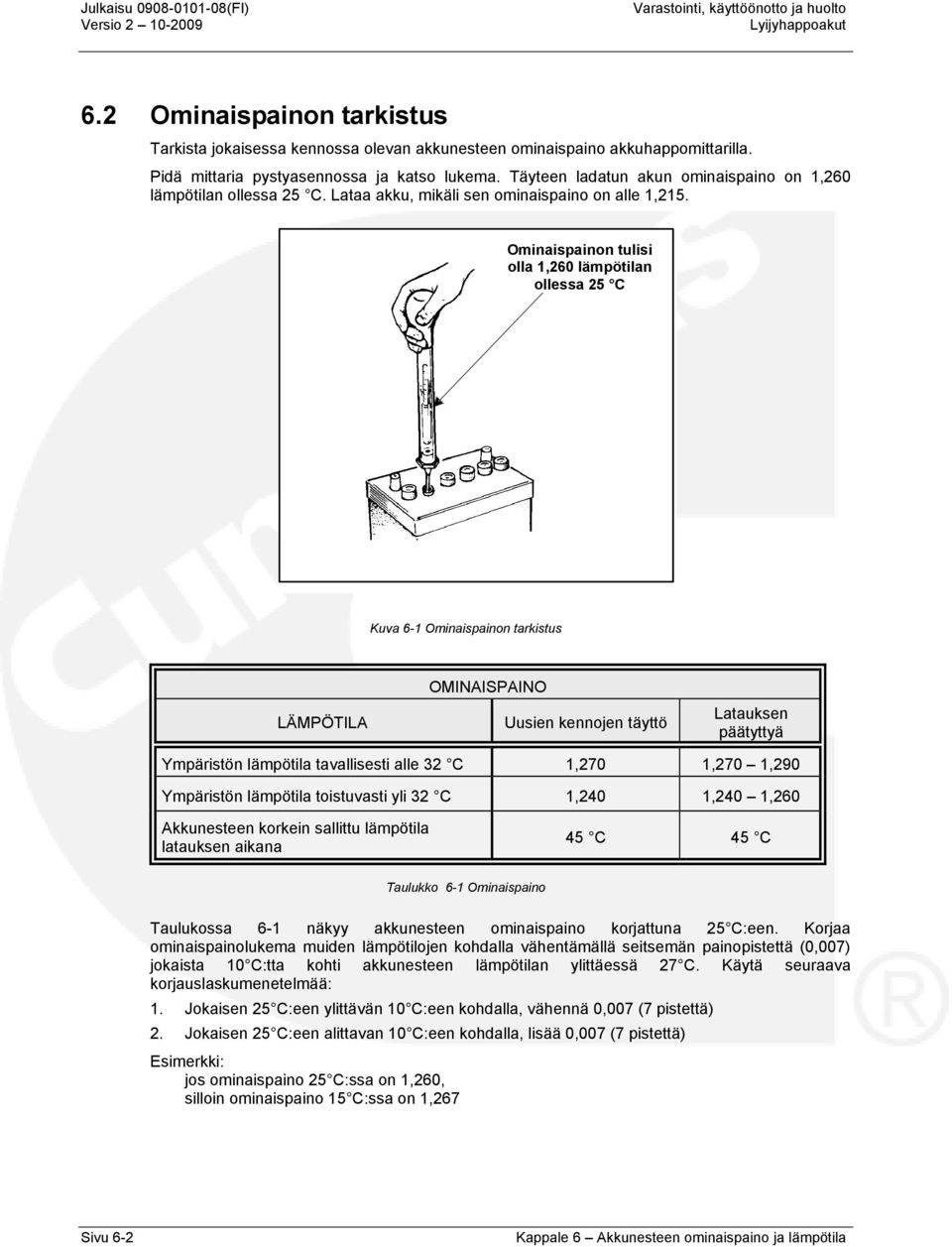 Täyteen ladatun akun ominaispaino on 1,260 lämpötilan ollessa 25 C. Lataa akku, mikäli sen ominaispaino on alle 1,215.