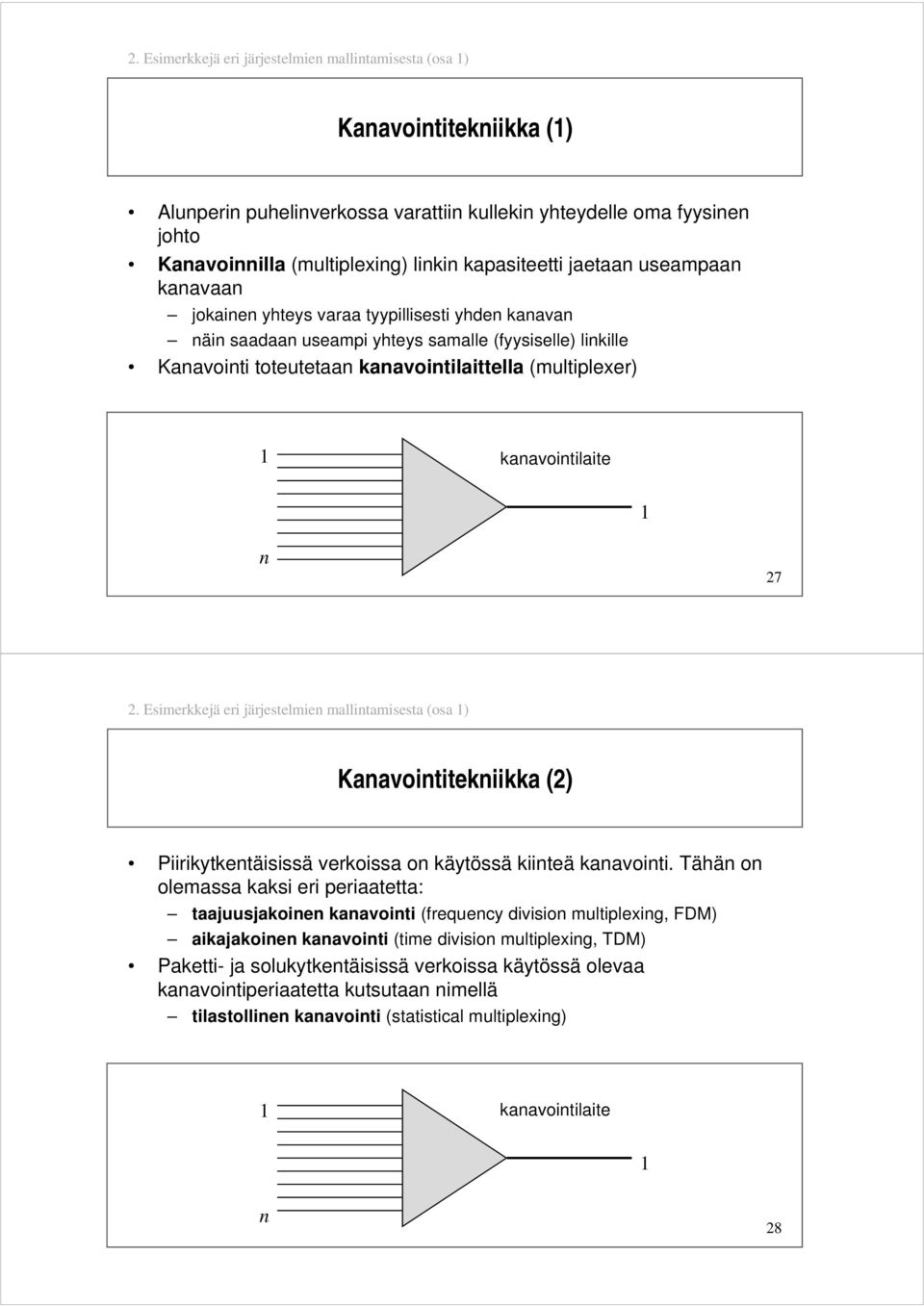 (multiplexer) kanavointilaite n 27 2. Esimerkkejä eri järjestelmien mallintamisesta (osa ) Kanavointitekniikka (2) Piirikytkentäisissä verkoissa on käytössä kiinteä kanavointi.