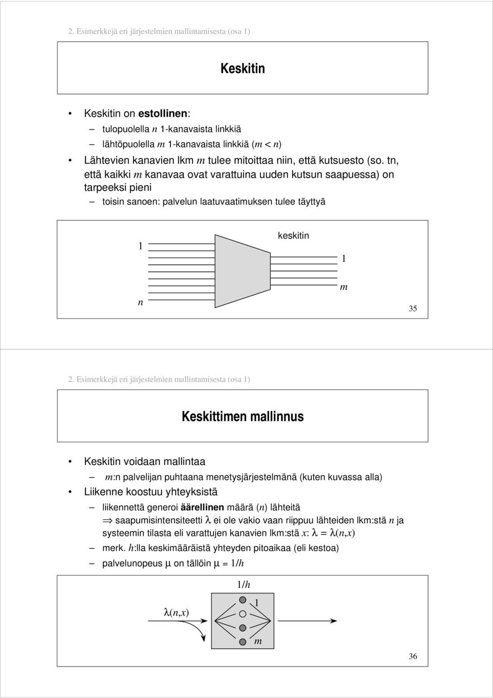 Esimerkkejä eri järjestelmien mallintamisesta (osa ) Keskittimen mallinnus Keskitin voidaan mallintaa m:n palvelijan puhtaana menetysjärjestelmänä (kuten kuvassa alla) Liikenne koostuu yhteyksistä