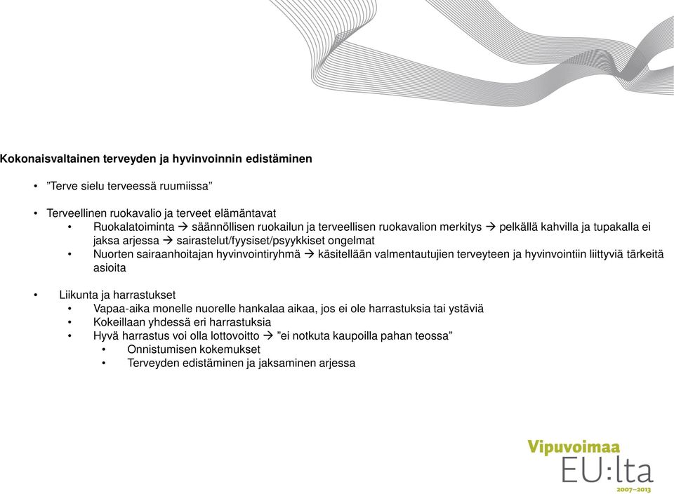 käsitellään valmentautujien terveyteen ja hyvinvointiin liittyviä tärkeitä asioita Liikunta ja harrastukset Vapaa-aika monelle nuorelle hankalaa aikaa, jos ei ole harrastuksia