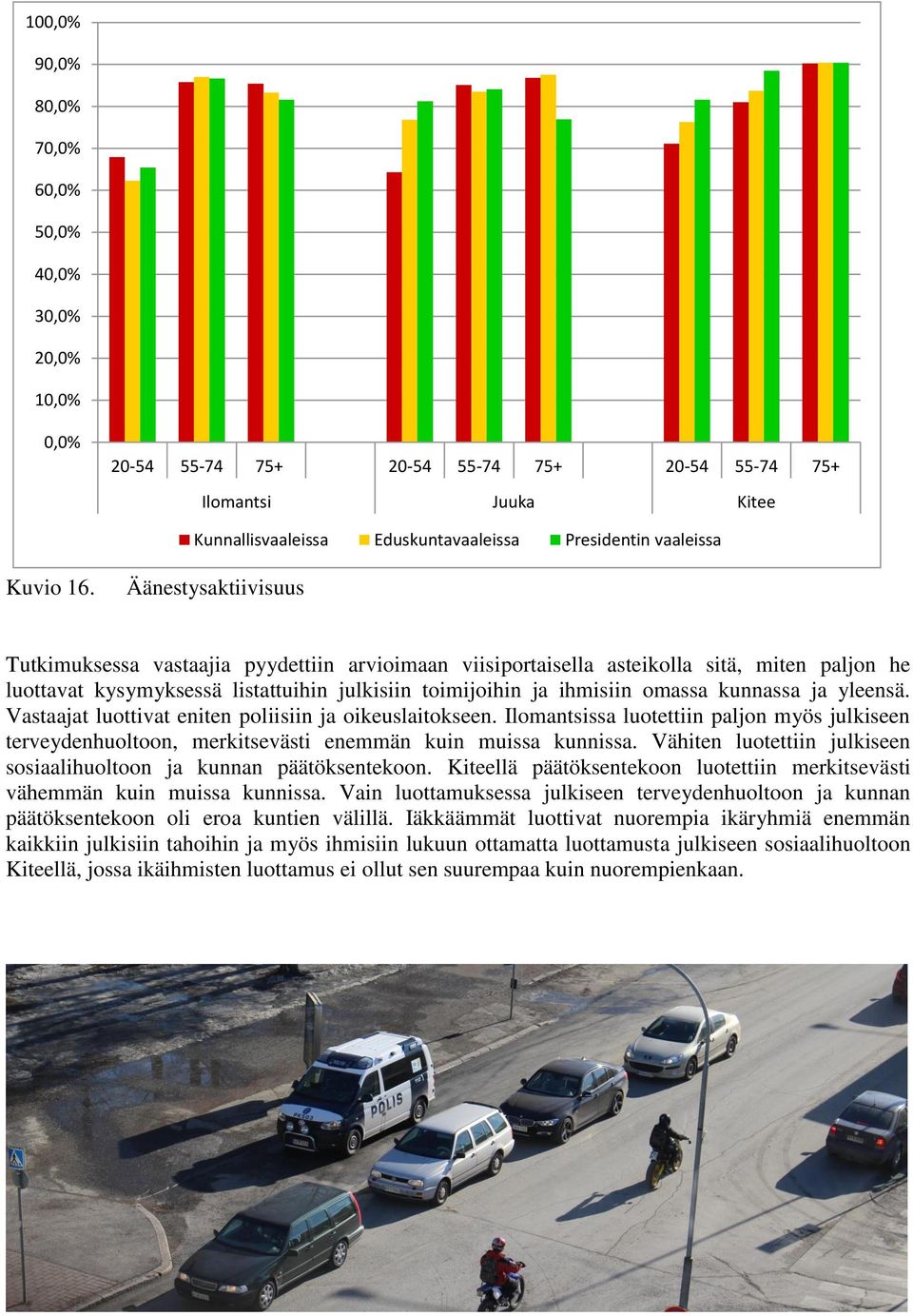 kunnassa ja yleensä. Vastaajat luottivat eniten poliisiin ja oikeuslaitokseen. Ilomantsissa luotettiin paljon myös julkiseen terveydenhuoltoon, merkitsevästi enemmän kuin muissa kunnissa.