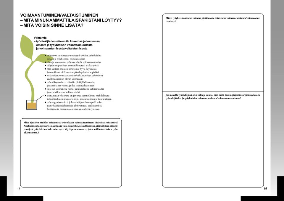 työyhteisöni toimintatapaan näen ja koen uudet työmenetelmät voimaannuttavina säilytän empaattisen ammatillisuuteni asiakastyössä otan vastaan muiden kehittämiä hyviä käytäntöjä ja muokkaan niitä