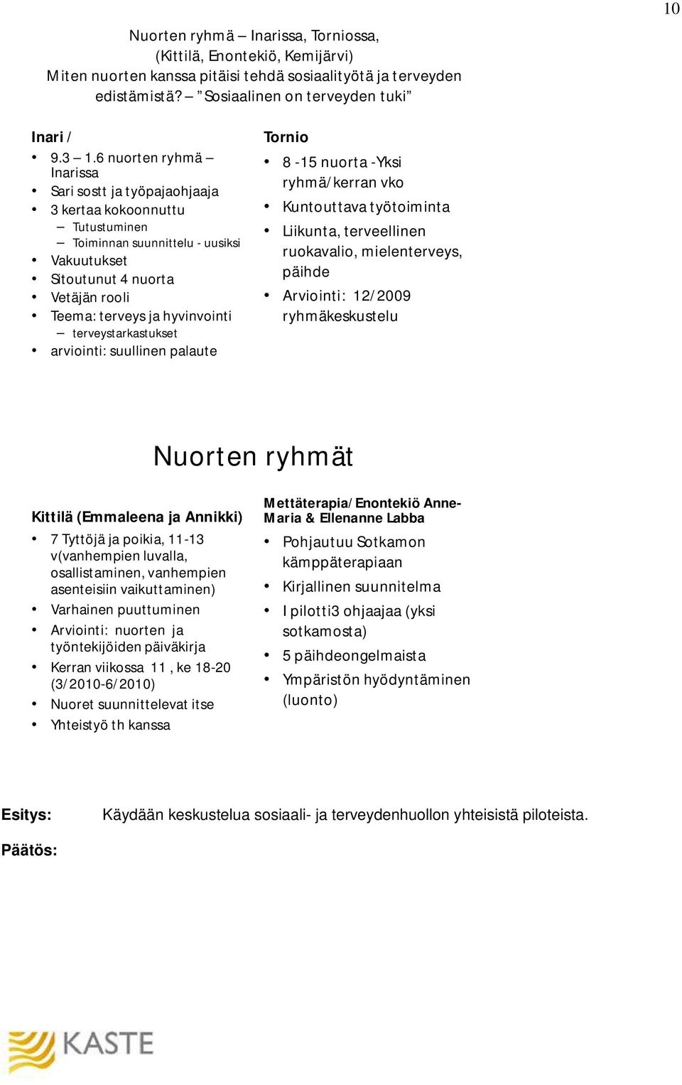 terveystarkastukset arviointi: suullinen palaute Tornio 8-15 nuorta -Yksi ryhmä/kerran vko Kuntouttava työtoiminta Liikunta, terveellinen ruokavalio, mielenterveys, päihde Arviointi: 12/2009