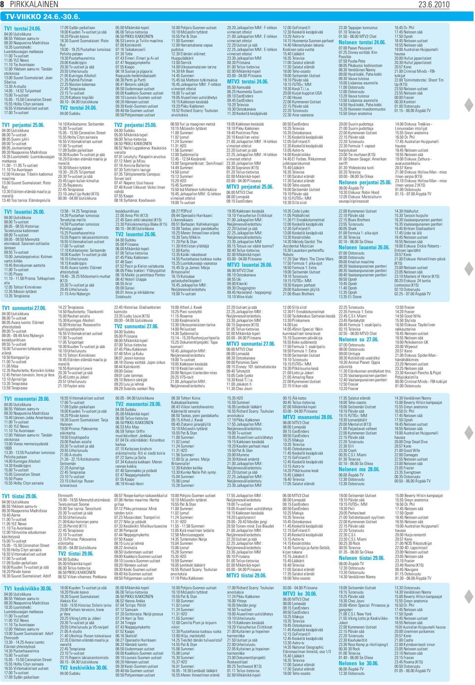 55 Holby Cityn sairaala TV1 perjantai 25.06. 08.00 Tv-uutiset 08.05 Suomi juhlii 09.00 Tv-uutiset 09.05 Joutsenlampi 09.30 Naapureina Madridissa 10.35 Luontohetki: Luontokuvaajan matkassa 11.00-11.