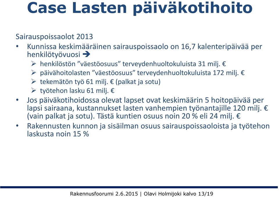 Jos päiväkotihoidossa olevat lapset ovat keskimäärin 5 hoitopäivää per lapsi sairaana, kustannukset lasten vanhempien työnantajille 120 milj. (vain palkat ja sotu).