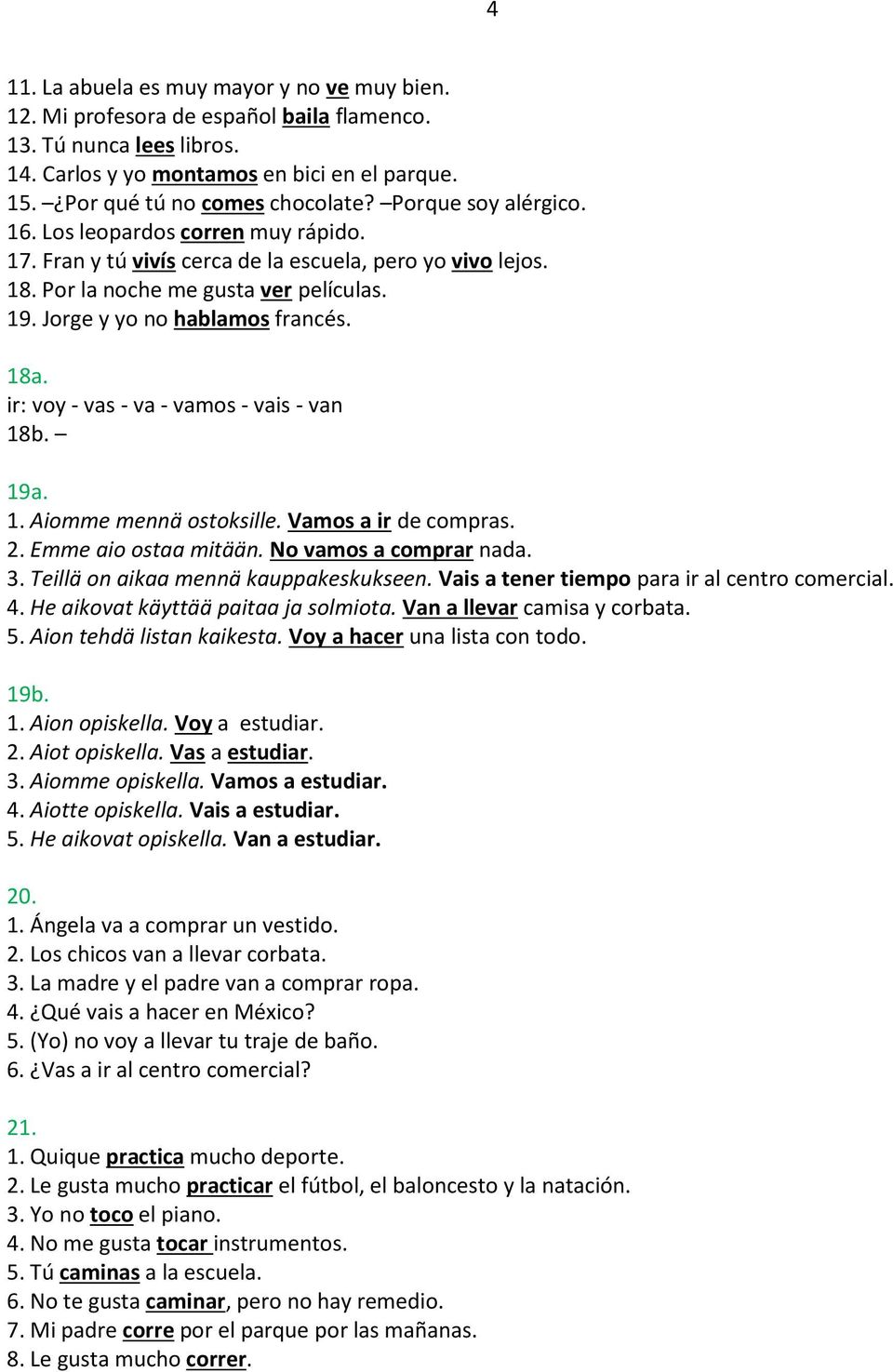 ir: voy - vas - va - vamos - vais - van 18b. 19a. 1. Aiomme mennä ostoksille. Vamos a ir de compras. 2. Emme aio ostaa mitään. No vamos a comprar nada. 3. Teillä on aikaa mennä kauppakeskukseen.