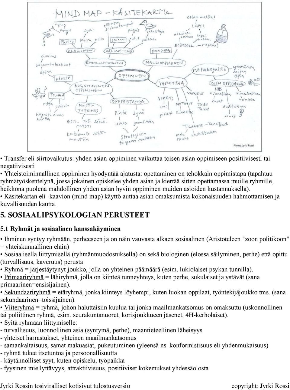 kustannuksella). Käsitekartan eli -kaavion (mind map) käyttö auttaa asian omaksumista kokonaisuuden hahmottamisen ja kuvallisuuden kautta. 5. SOSIAALIPSYKOLOGIAN PERUSTEET 5.