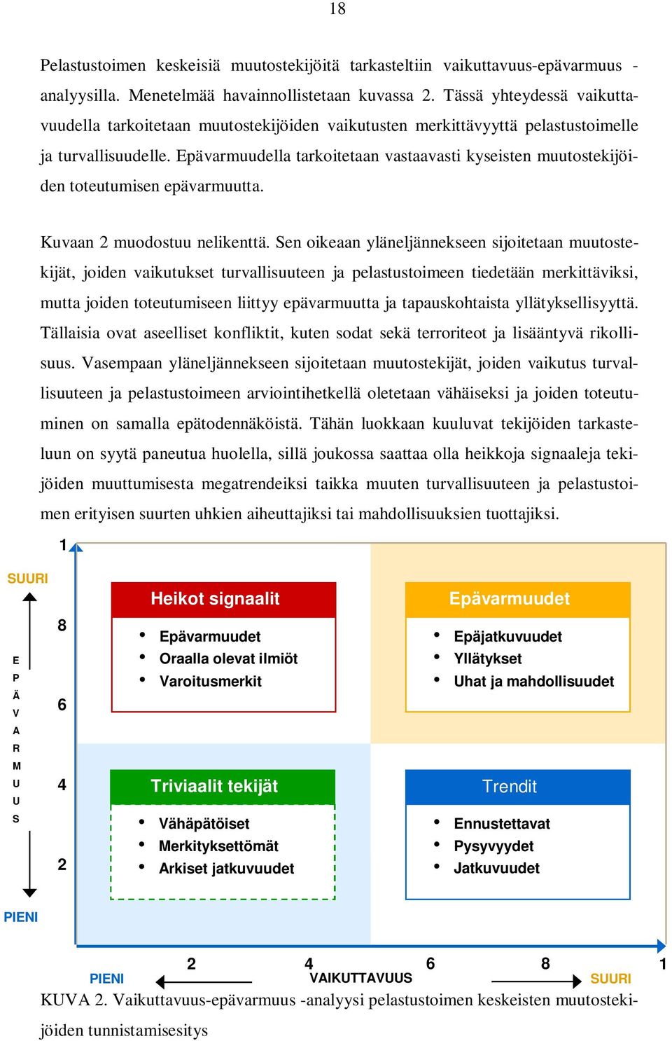 Epävarmuudella tarkoitetaan vastaavasti kyseisten muutostekijöiden toteutumisen epävarmuutta. Kuvaan 2 muodostuu nelikenttä.