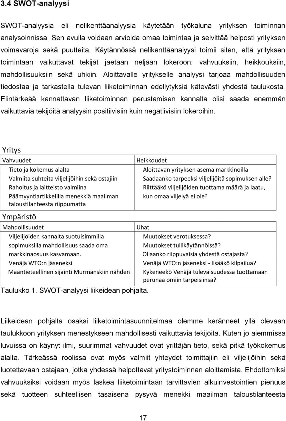 Käytännössä nelikenttäanalyysi toimii siten, että yrityksen toimintaan vaikuttavat tekijät jaetaan neljään lokeroon: vahvuuksiin, heikkouksiin, mahdollisuuksiin sekä uhkiin.