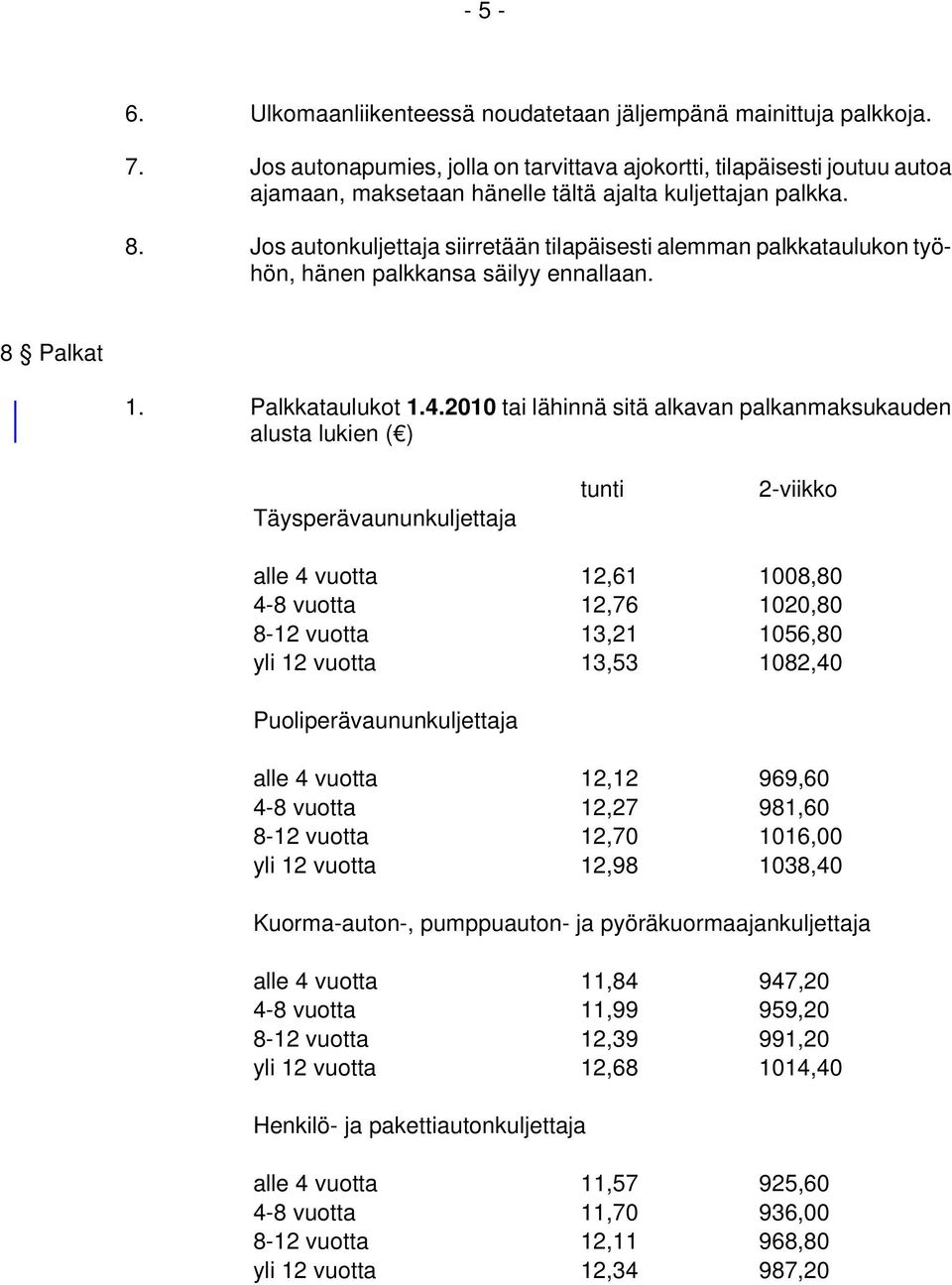 Jos autonkuljettaja siirretään tilapäisesti alemman palkkataulukon työhön, hänen palkkansa säilyy ennallaan. 8 Palkat 1. Palkkataulukot 1.4.