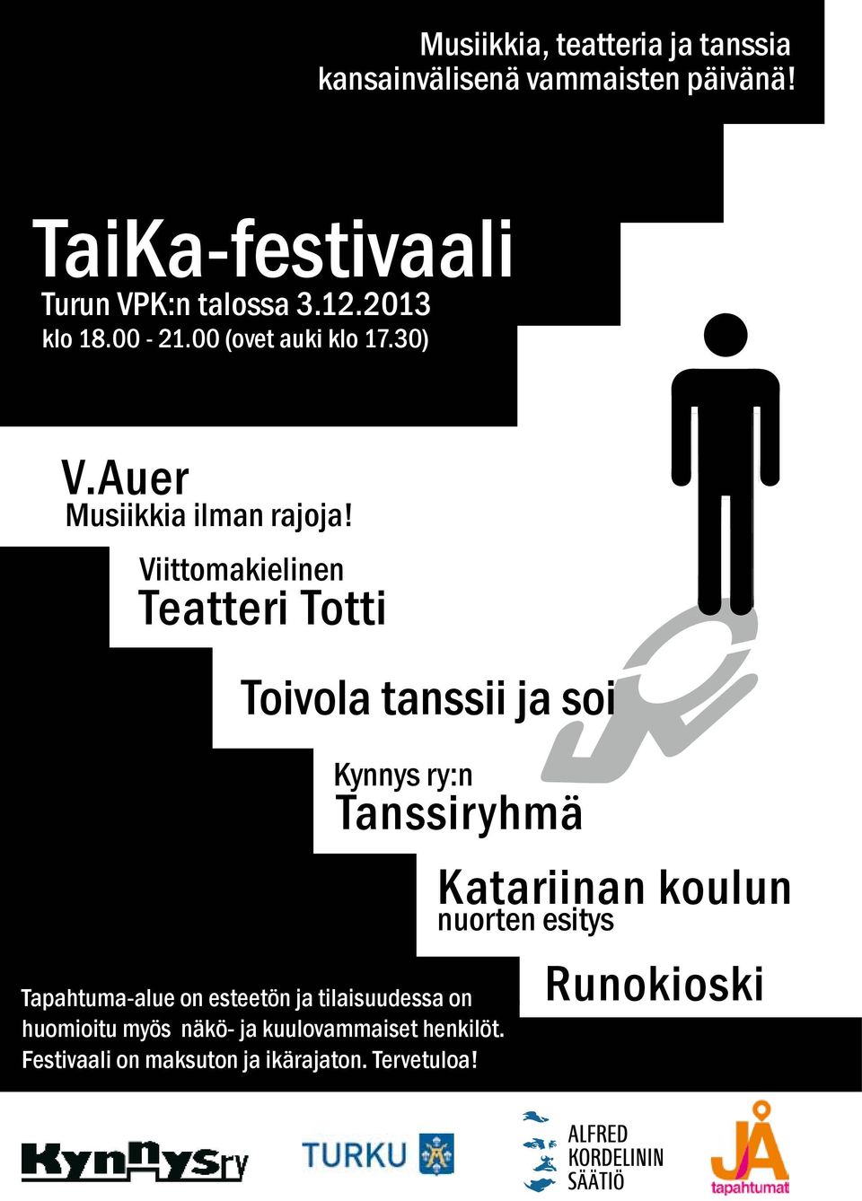 Viittomakielinen Teatteri Totti Toivola tanssii ja soi Kynnys ry:n Tanssiryhmä Tapahtuma-alue on esteetön ja