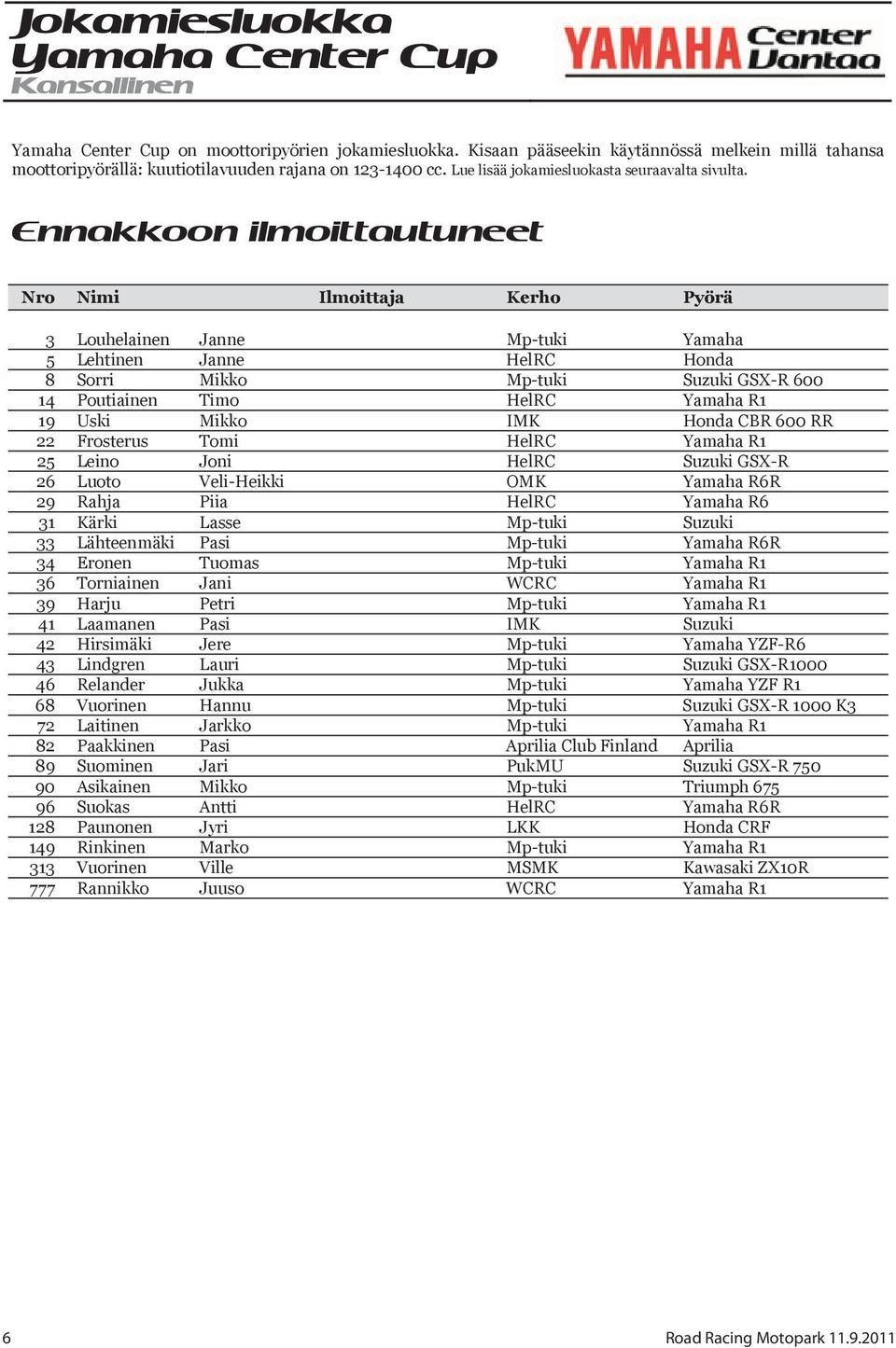 Ennakkoon ilmoittautuneet Nro Nimi Ilmoittaja Kerho Pyörä 3 Louhelainen Janne Mp-tuki Yamaha 5 Lehtinen Janne HelRC Honda 8 Sorri Mikko Mp-tuki Suzuki GSX-R 600 14 Poutiainen Timo HelRC Yamaha R1 19