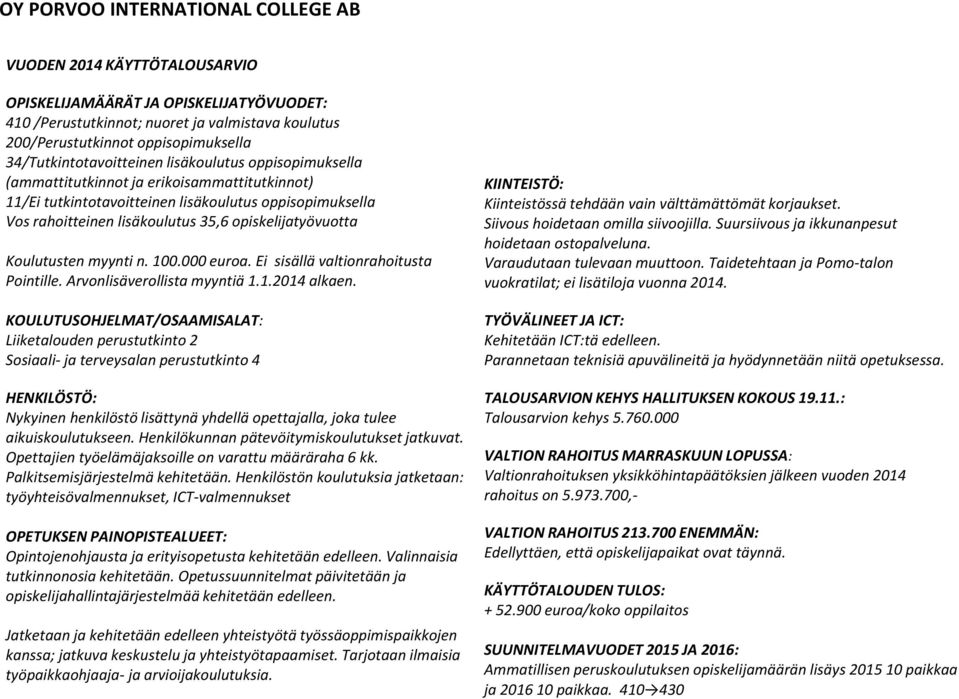 opiskelijatyövuotta Koulutusten myynti n. 100.000 euroa. Ei sisällä valtionrahoitusta Pointille. Arvonlisäverollista myyntiä 1.1.2014 alkaen.