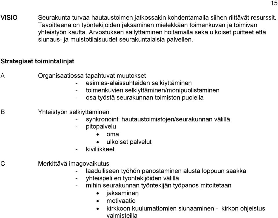 Strategiset toimintalinjat A B C Organisaatiossa tapahtuvat muutokset - esimies-alaissuhteiden selkiyttäminen - toimenkuvien selkiyttäminen/monipuolistaminen - osa työstä seurakunnan toimiston