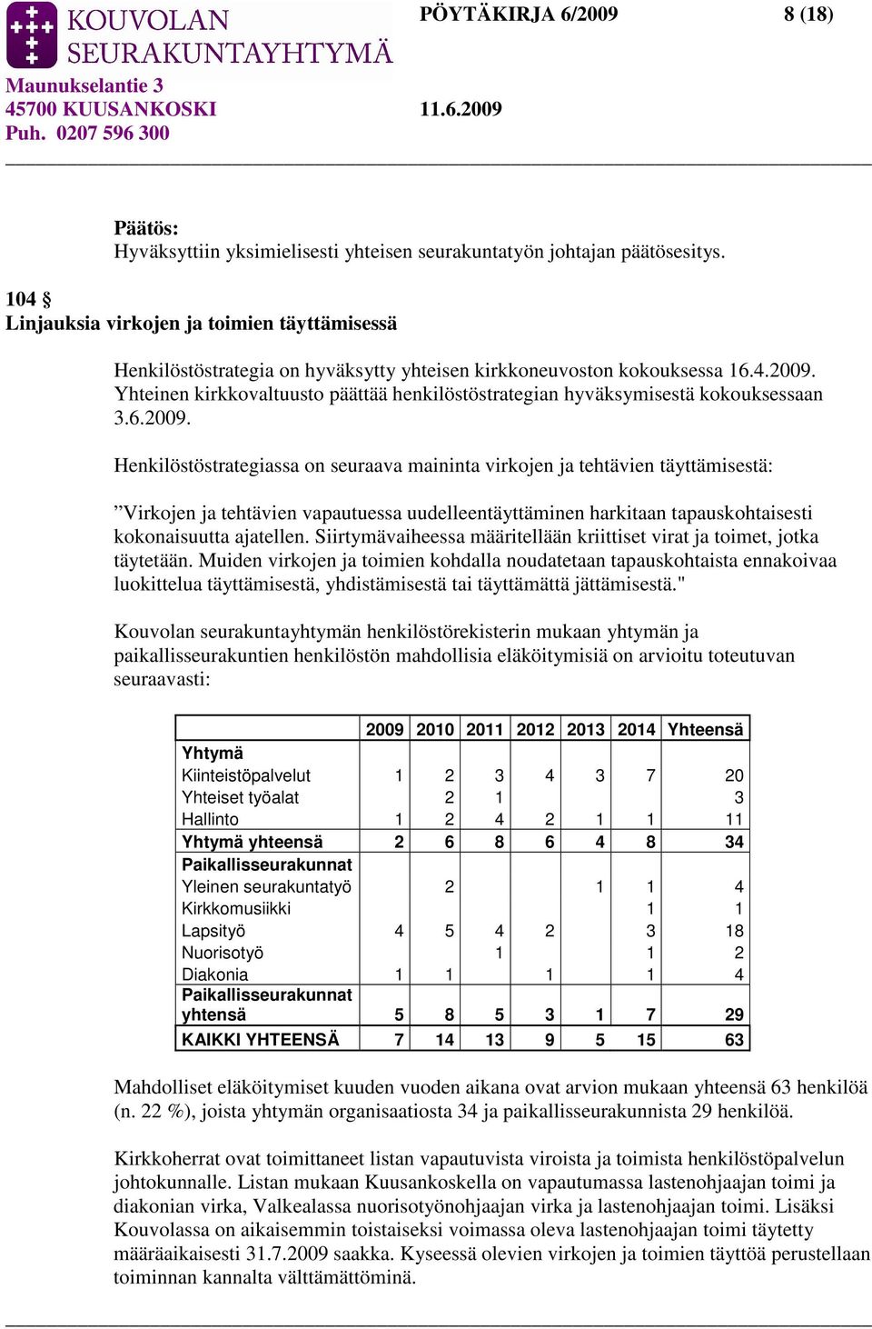 Yhteinen kirkkovaltuusto päättää henkilöstöstrategian hyväksymisestä kokouksessaan 3.6.2009.