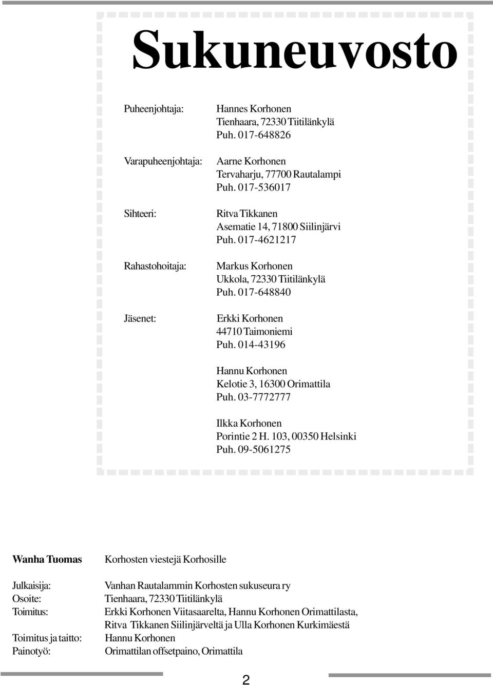 014-43196 Hannu Korhonen Kelotie 3, 16300 Orimattila Puh. 03-7772777 Ilkka Korhonen Porintie 2 H. 103, 00350 Helsinki Puh.