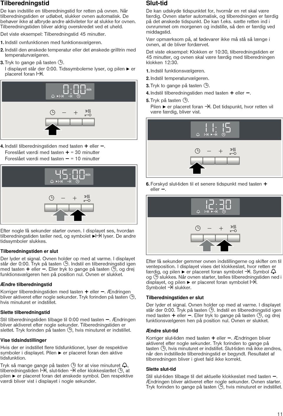 Indstil ovnfunktionen med funktionsvælgeren. 2.Indstil den ønskede temperatur eller det ønskede grilltrin med temperaturvælgeren. 3.Tryk to gange på tasten 0. I displayet står der 0:00.