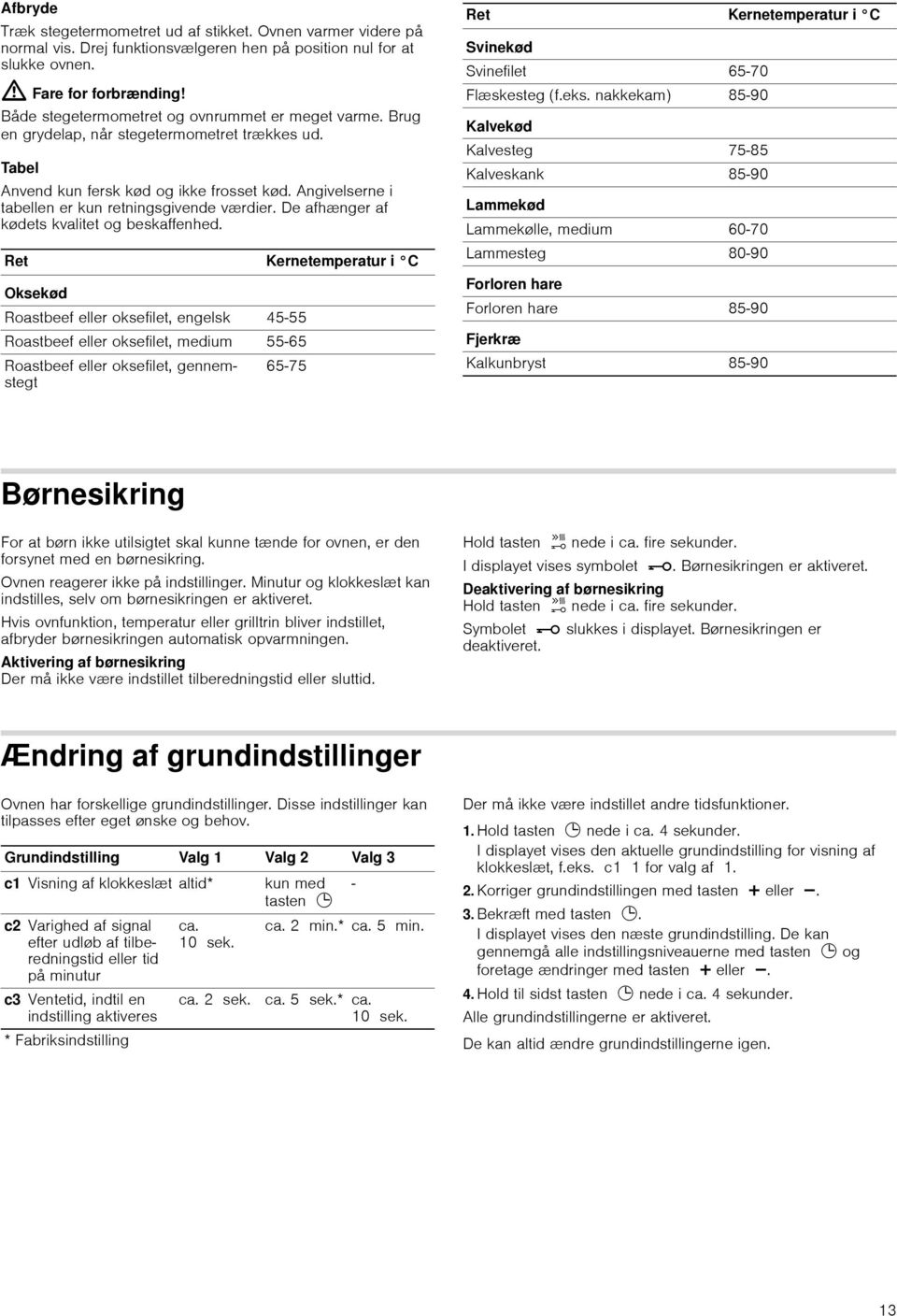 Angivelserne i tabellen er kun retningsgivende værdier. De afhænger af kødets kvalitet og beskaffenhed.