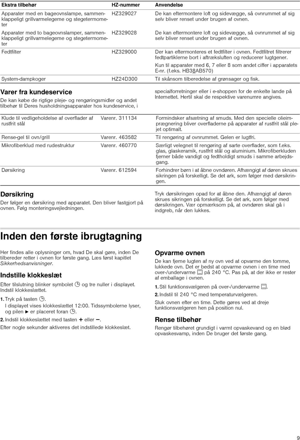De kan eftermontere loft og sidevægge, så ovnrummet af sig selv bliver renset under brugen af ovnen. Fedtfilter HZ329000 Der kan eftermonteres et fedtfilter i ovnen.