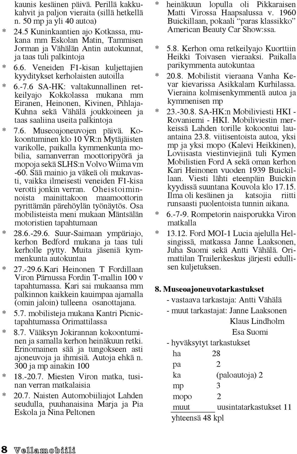 -7.6 SA-HK: valtakunnallinen retkeilyajo Kokkolassa mukana mm Eiranen, Heinonen, Kivinen, Pihlaja- Kuhna sekä Vähälä joukkoineen ja taas saaliina useita palkintoja * 7.6. Museoajoneuvojen päivä.