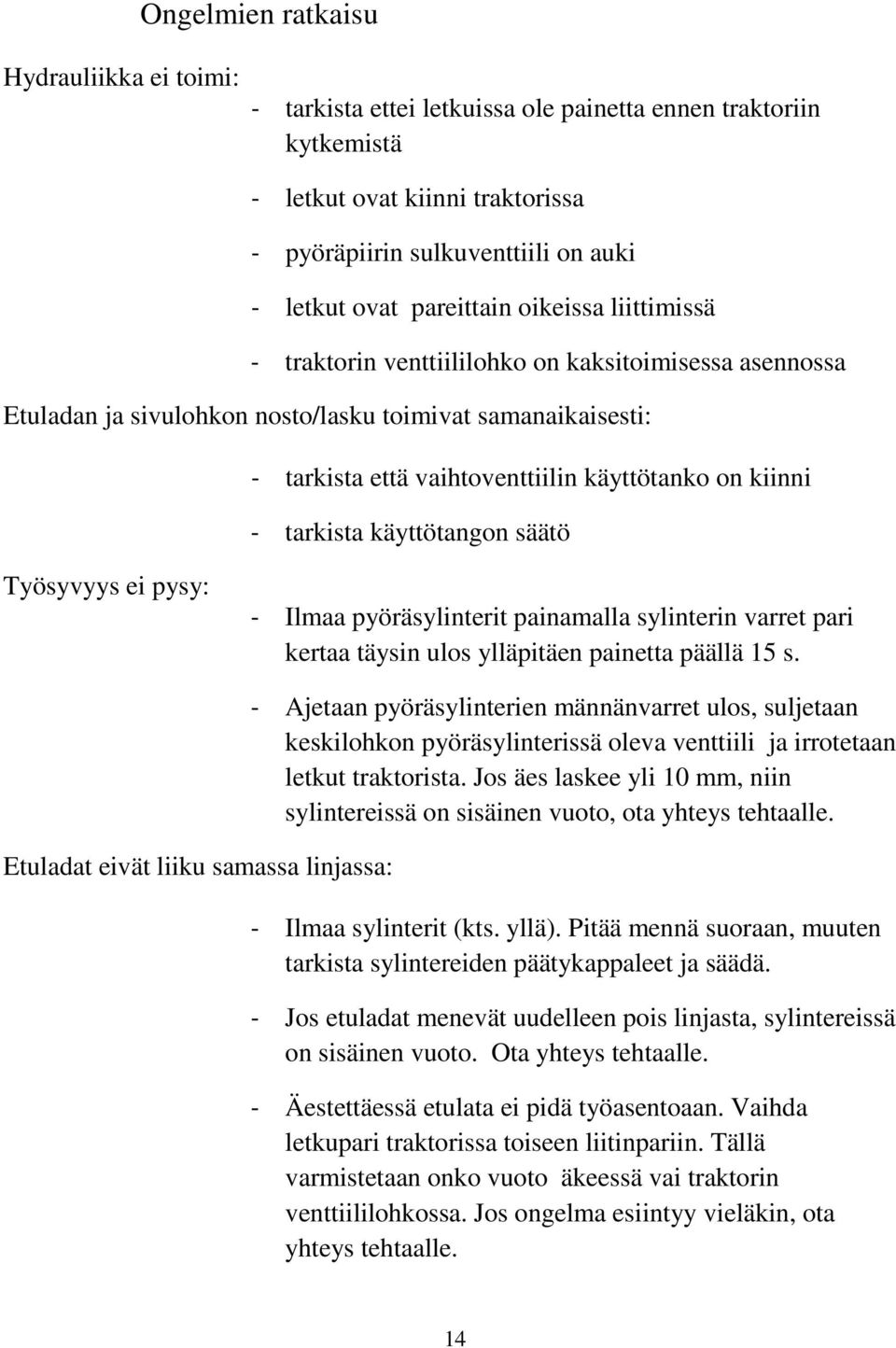 kiinni - tarkista käyttötangon säätö Työsyvyys ei pysy: - Ilmaa pyöräsylinterit painamalla sylinterin varret pari kertaa täysin ulos ylläpitäen painetta päällä 15 s.