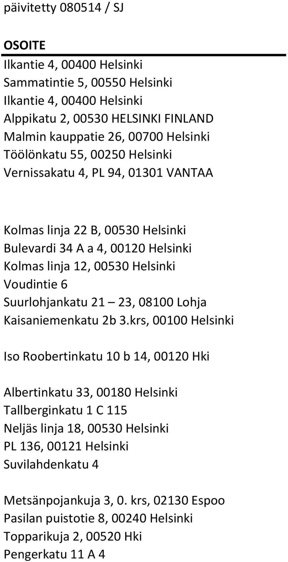 Voudintie 6 Suurlohjankatu 21 23, 08100 Lohja Kaisaniemenkatu 2b 3.