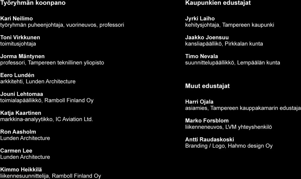 Ron Aasholm Lunden Architecture Carmen Lee Lunden Architecture Kaupunkien edustajat Jyrki Laiho kehitysjohtaja, Tampereen kaupunki Jaakko Joensuu kansliapäällikö, Pirkkalan kunta Timo Nevala