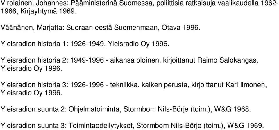 Yleisradion historia 2: 1949-1996 - aikansa oloinen, kirjoittanut Raimo Salokangas, Yleisradio Oy 1996.