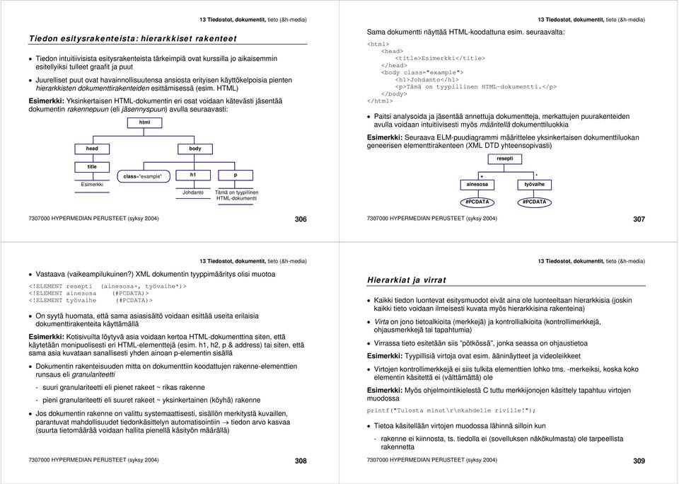 HTML) Esimerkki: Yksinkertaisen HTML-dokumentin eri osat voidaan kätevästi jäsentää dokumentin rakennepuun (eli jäsennyspuun) avulla seuraavasti: head title Esimerkki html class="example" 7307000