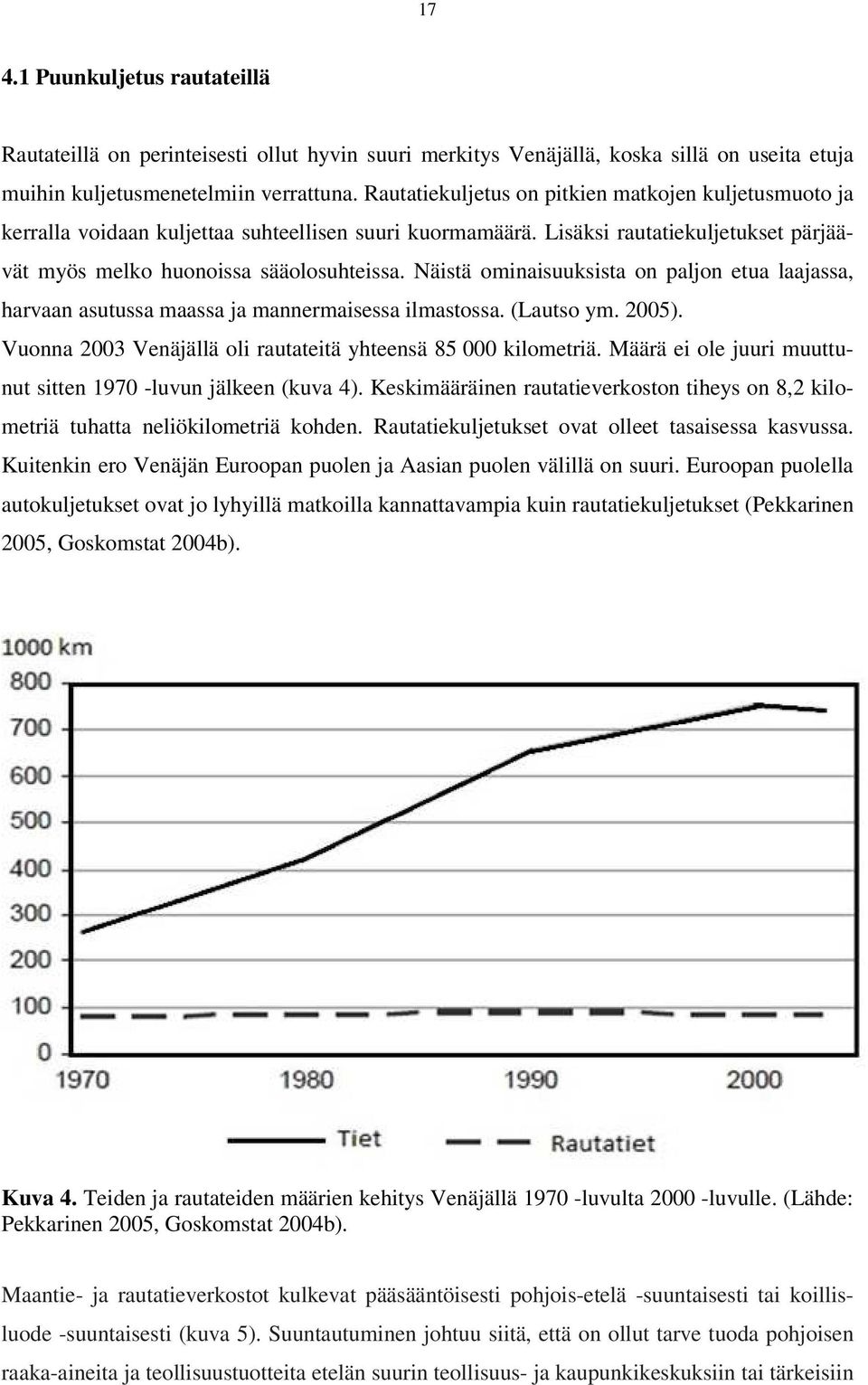 Näistä ominaisuuksista on paljon etua laajassa, harvaan asutussa maassa ja mannermaisessa ilmastossa. (Lautso ym. 2005). Vuonna 2003 Venäjällä oli rautateitä yhteensä 85 000 kilometriä.