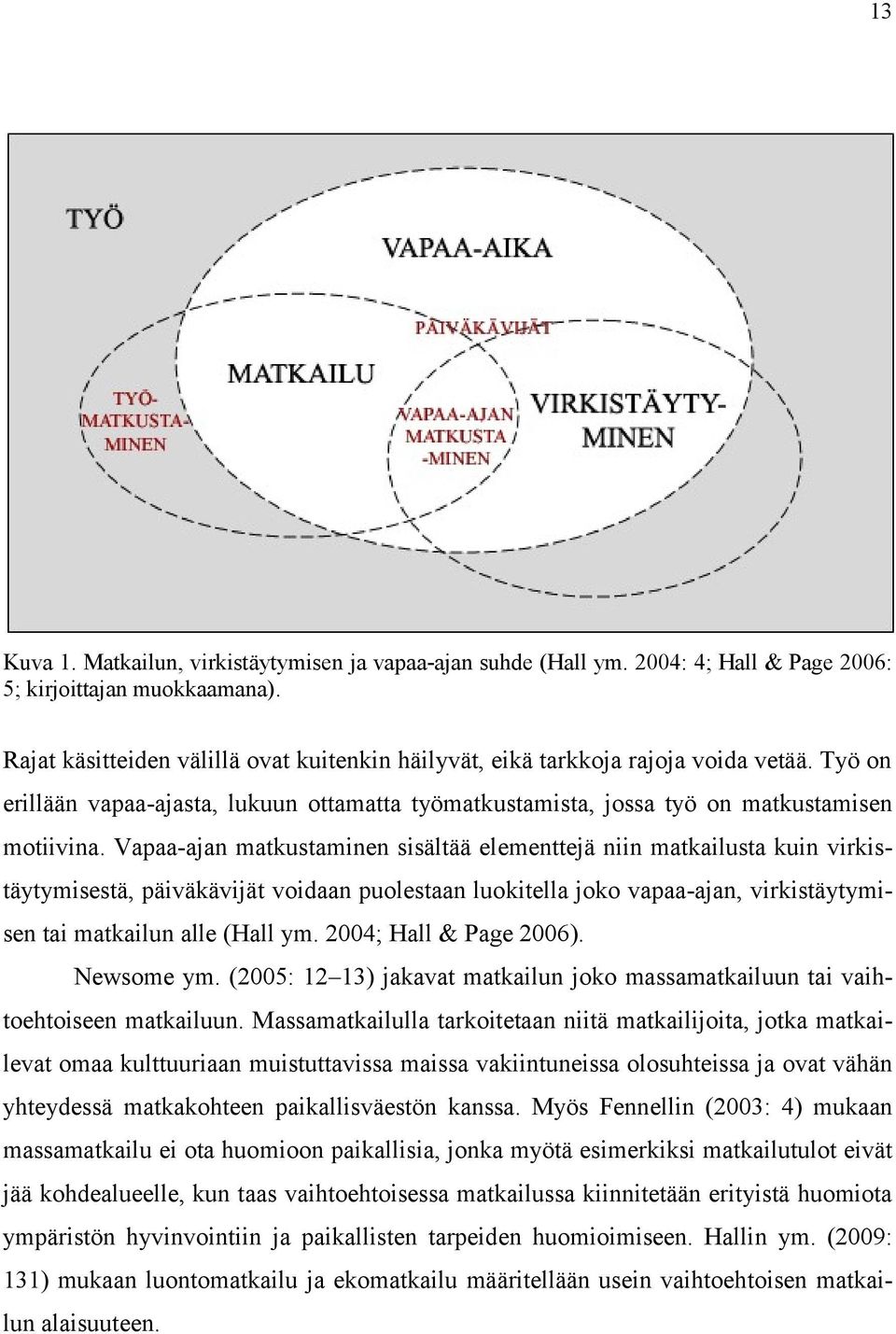 Vapaa-ajan matkustaminen sisältää elementtejä niin matkailusta kuin virkistäytymisestä, päiväkävijät voidaan puolestaan luokitella joko vapaa-ajan, virkistäytymisen tai matkailun alle (Hall ym.