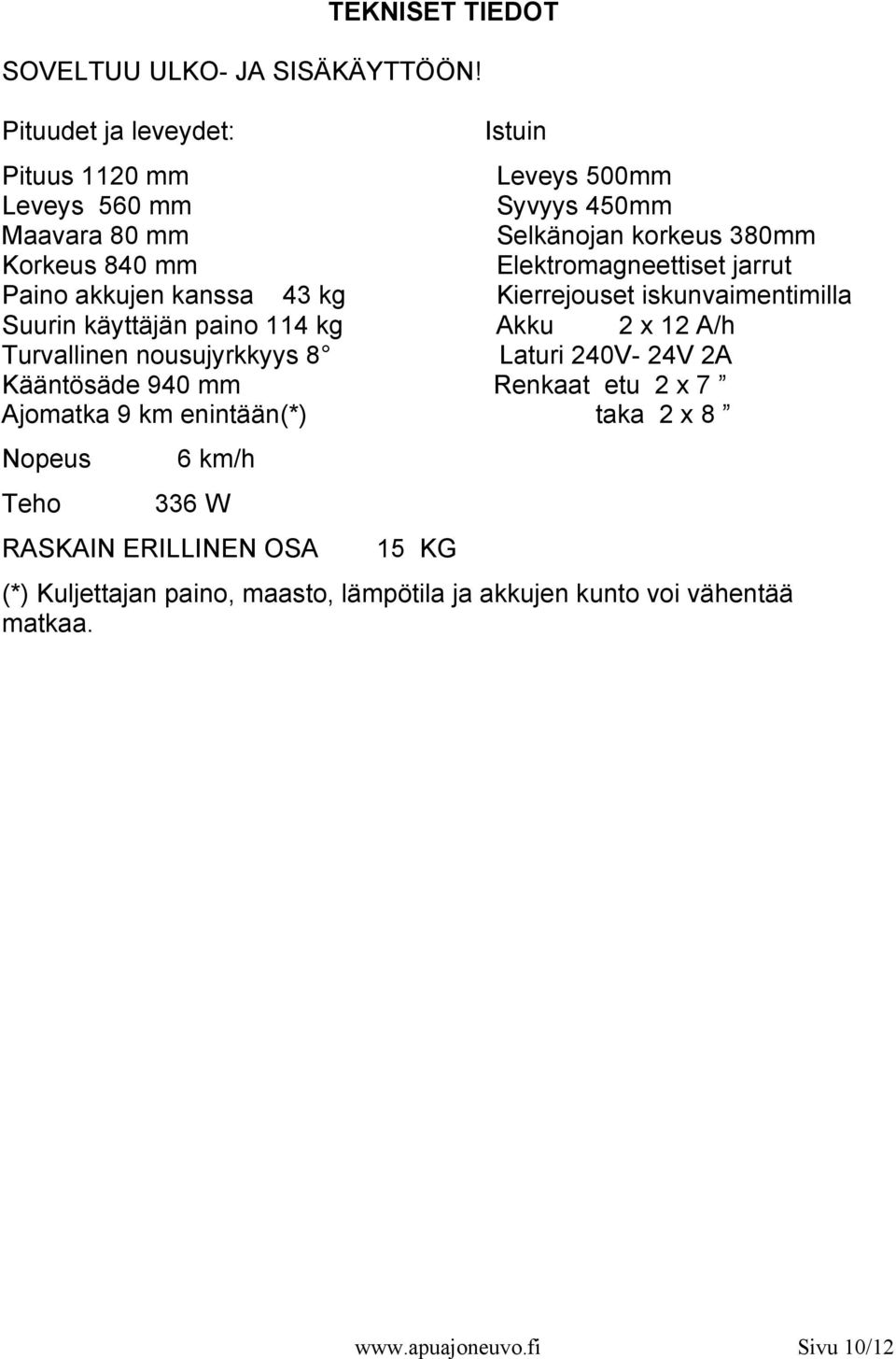 Elektromagneettiset jarrut Paino akkujen kanssa 43 kg Kierrejouset iskunvaimentimilla Suurin käyttäjän paino 114 kg Akku 2 x 12 A/h Turvallinen