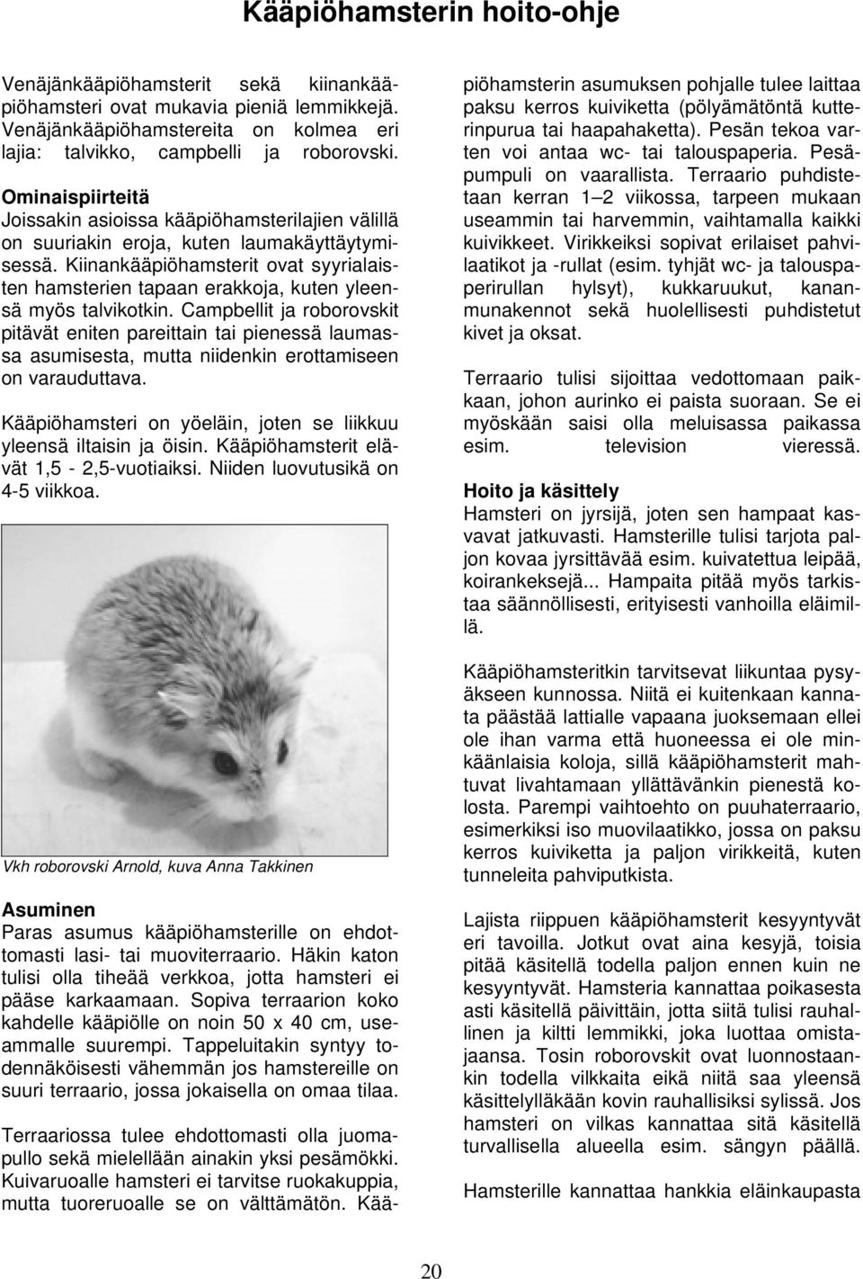 Kiinankääpiöhamsterit ovat syyrialaisten hamsterien tapaan erakkoja, kuten yleensä myös talvikotkin.