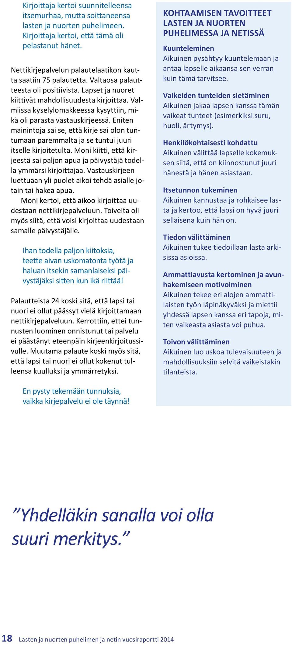 Valmiissa kyselylomakkeessa kysyttiin, mikä oli parasta vastauskirjeessä. Eniten mainintoja sai se, että kirje sai olon tuntumaan paremmalta ja se tuntui juuri itselle kirjoitetulta.