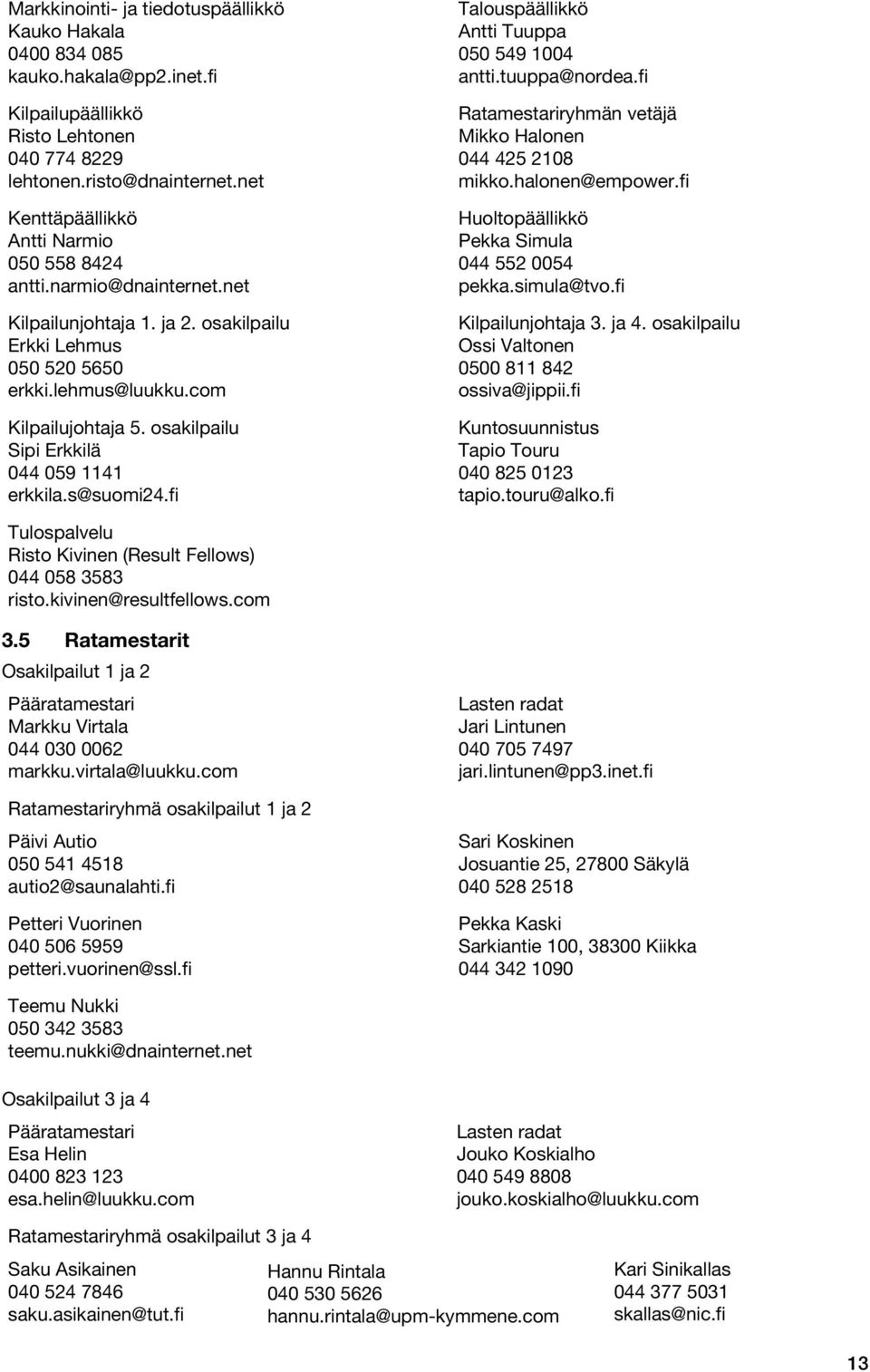 osakilpailu Sipi Erkkilä 044 059 1141 erkkila.s@suomi24.fi Talouspäällikkö Antti Tuuppa 050 549 1004 antti.tuuppa@nordea.fi Ratamestariryhmän vetäjä Mikko Halonen 044 425 2108 mikko.halonen@empower.