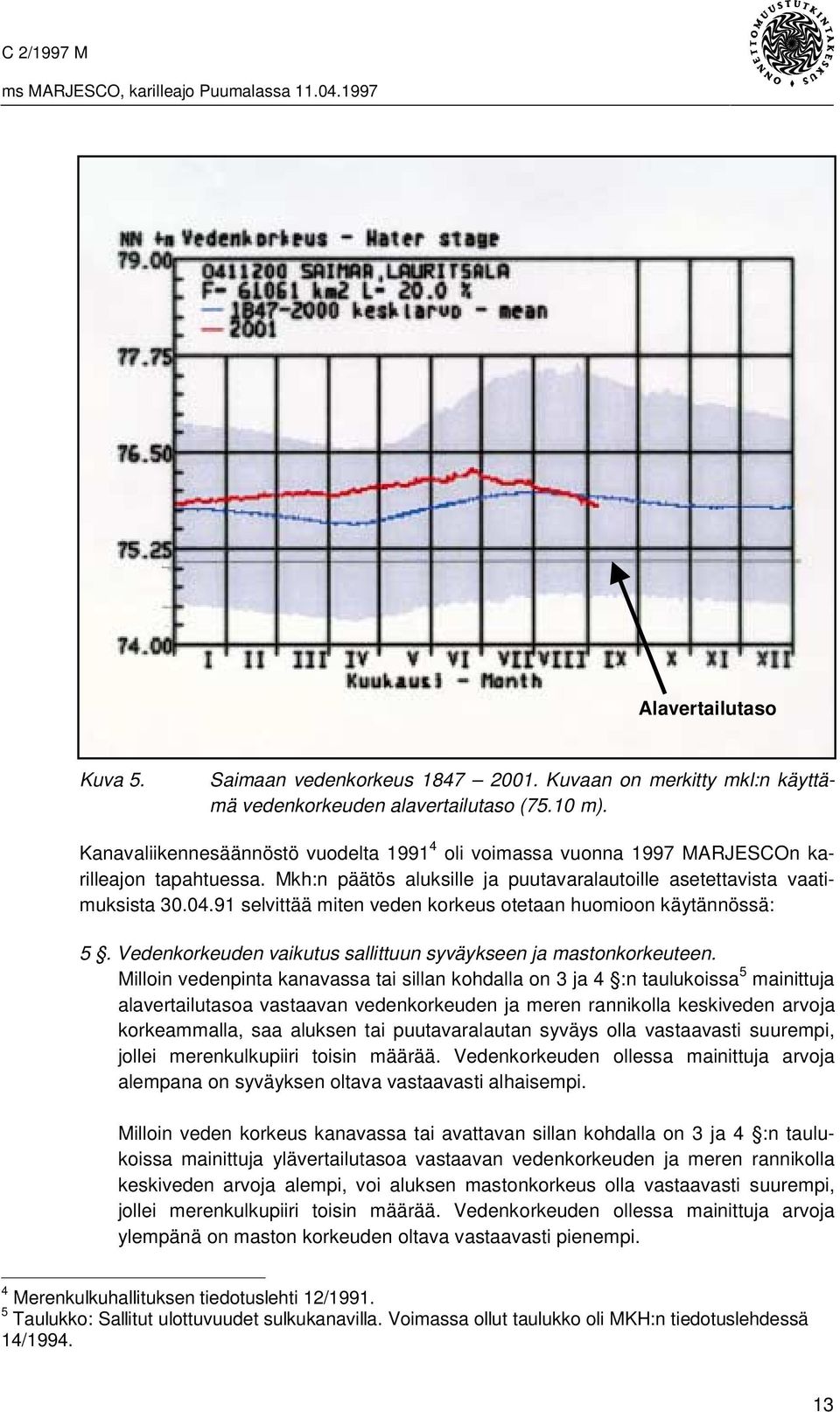 91 selvittää miten veden korkeus otetaan huomioon käytännössä: 5. Vedenkorkeuden vaikutus sallittuun syväykseen ja mastonkorkeuteen.