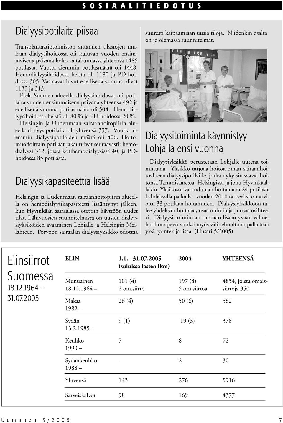 Etelä-Suomen alueella dialyysihoidossa oli potilaita vuoden ensimmäisenä päivänä yhteensä 492 ja edellisenä vuonna potilasmäärä oli 504. Hemodialyysihoidossa heistä oli 80 % ja PD-hoidossa 20 %.