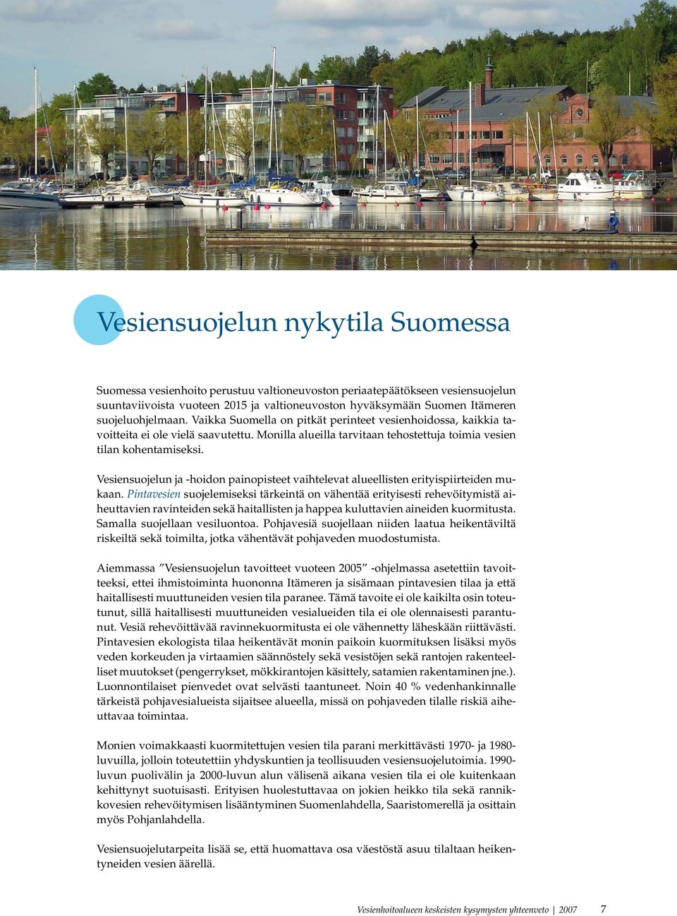 Monilla alueilla tarvitaan tehostettuja toimia vesien tilan kohentamiseksi. Vesiensuojelun ja -hoidon painopisteet vaihtelevat alueellisten erityispiirteiden mukaan.