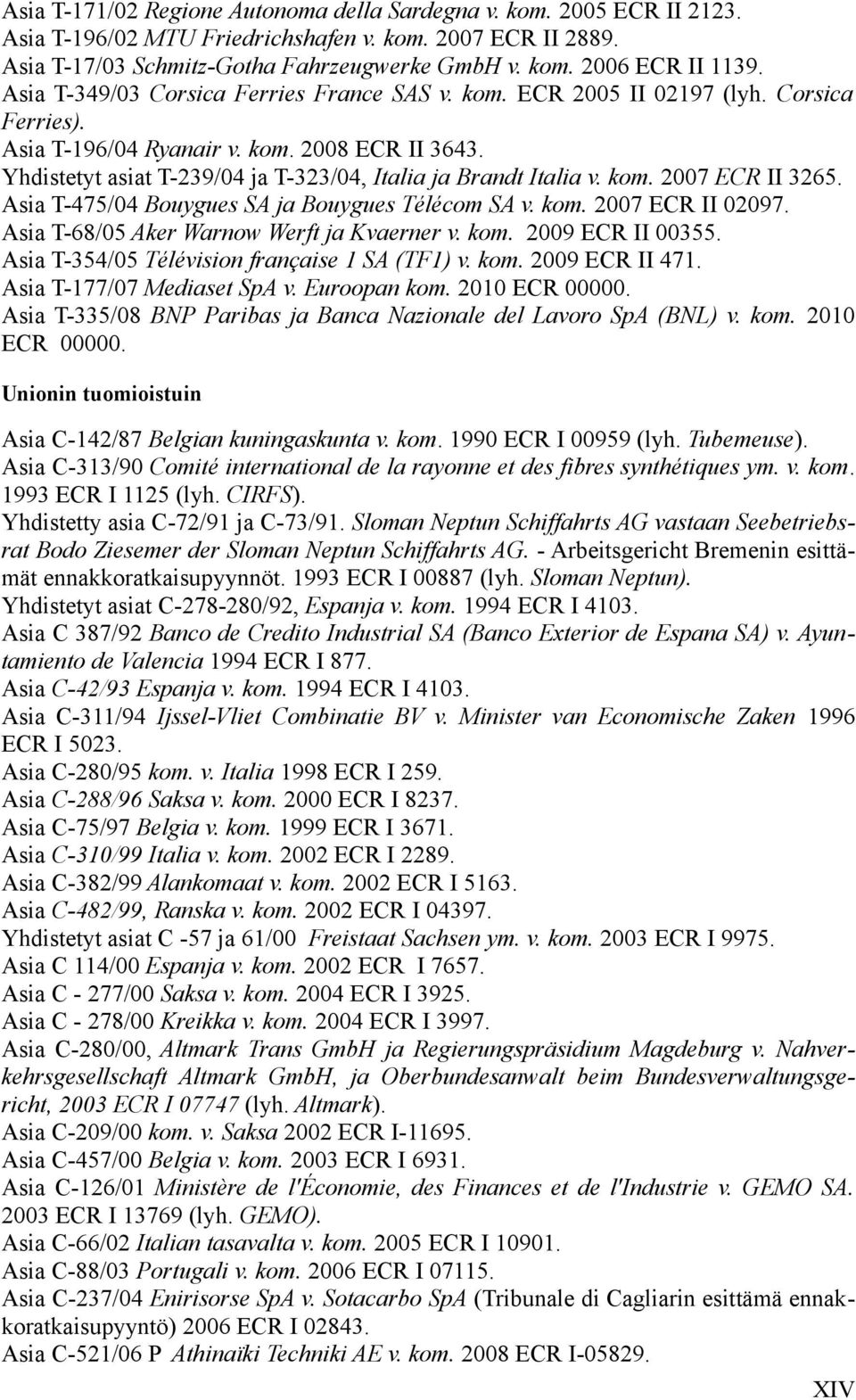 Yhdistetyt asiat T-239/04 ja T-323/04, Italia ja Brandt Italia v. kom. 2007 ECR II 3265. Asia T-475/04 Bouygues SA ja Bouygues Télécom SA v. kom. 2007 ECR II 02097.