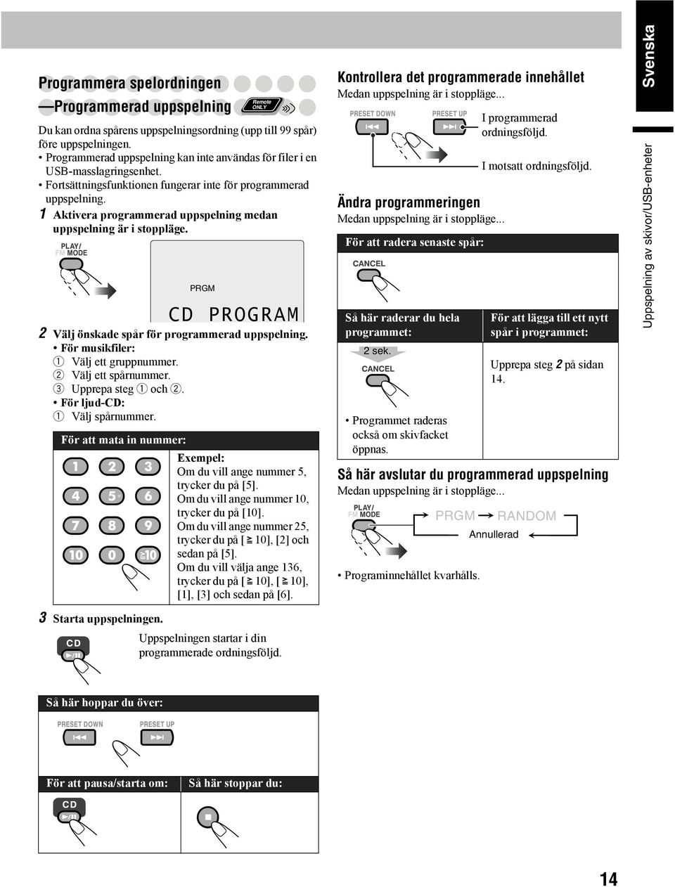 1 Aktivera programmerad uppspelning medan uppspelning är i stoppläge. PRGM CD PROGRAM 2 Välj önskade spår för programmerad uppspelning. För musikfiler: 1 Välj ett gruppnummer. 2 Välj ett spårnummer.