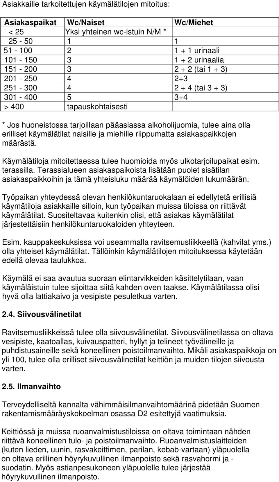 ja miehille riippumatta asiakaspaikkojen määrästä. Käymälätiloja mitoitettaessa tulee huomioida myös ulkotarjoilupaikat esim. terassilla.