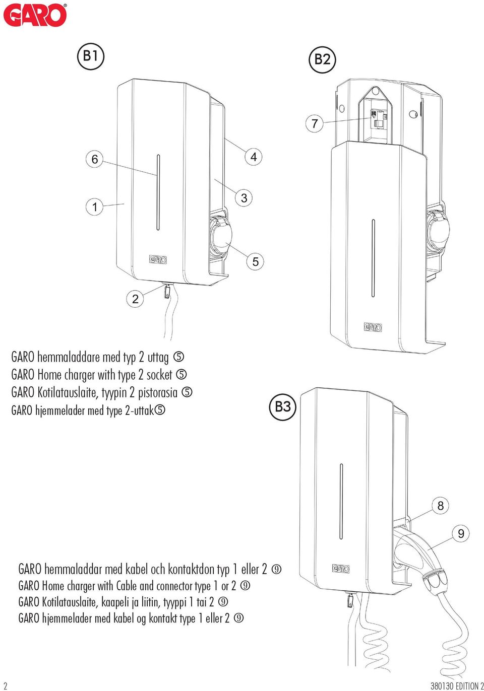 typ 1 eller 2 r GARO Home charger with Cable and connector type 1 or 2 r GARO Kotilatauslaite, kaapeli