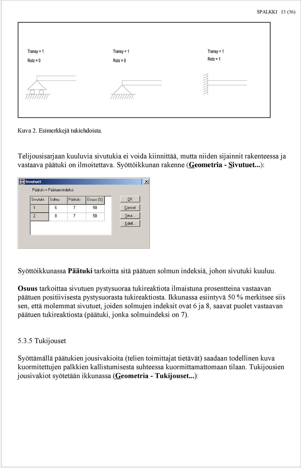 Osuus tarkoittaa sivutuen pystysuoraa tukireaktiota ilmaistuna prosentteina vastaavan päätuen positiivisesta pystysuorasta tukireaktiosta.